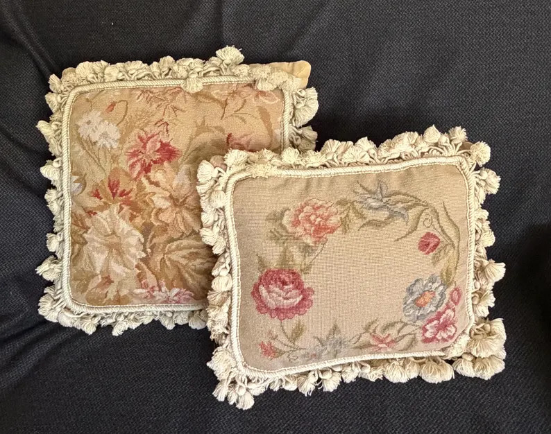 Vintage 1990s Floral Wool Needlepoint Pillow | Choice of 16" Large Bouquet or 14" Small Rose Wrea... | Etsy (Global)