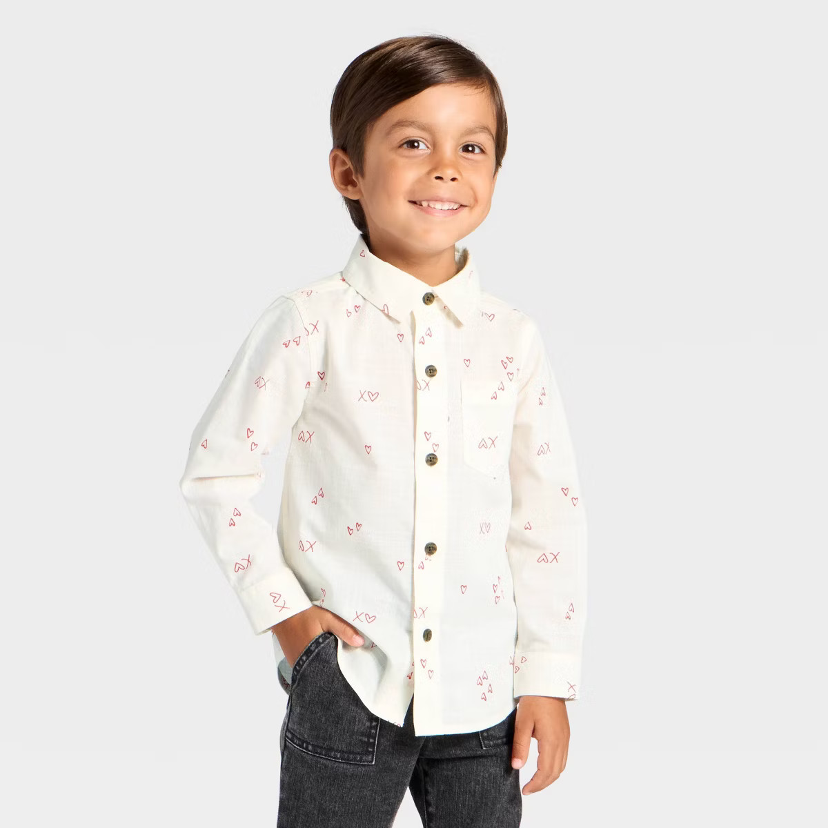 Toddler Boys' Valentine's Day 'XO' Long Sleeve Button-Down Shirt - Cat & Jack™ Cream | Target