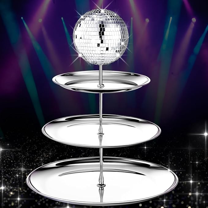 Layhit Disco Party Decoration 3 Tier Silver Glitter Metal Reusable Cupcake Stand 1970's Disco Ser... | Amazon (US)
