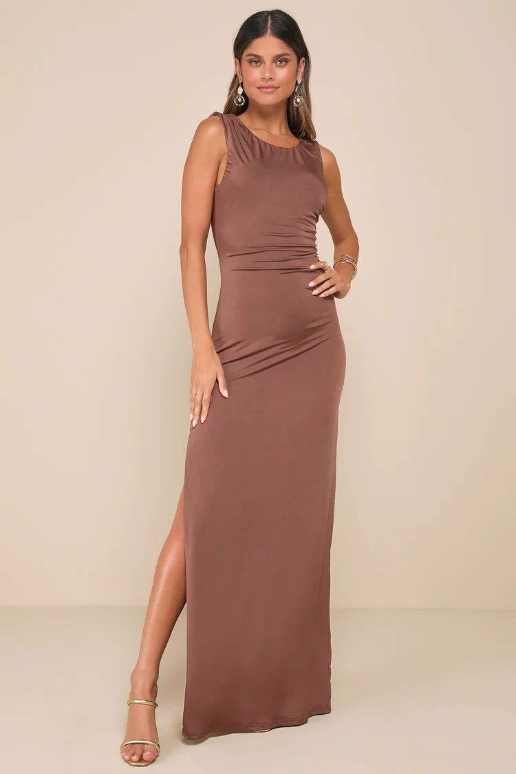 Brown Slinky Knit Ruched Maxi Dress | Brown Maxi Dress | Brown Wedding Guest Dress | Lulus