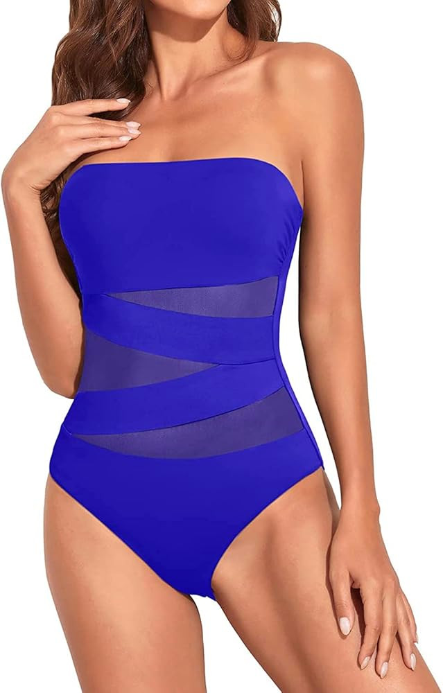 Holipick Women Strapless Bandeau One Piece Swimsuits Sexy Mesh Cutout Bathing Suits Tummy Control... | Amazon (US)