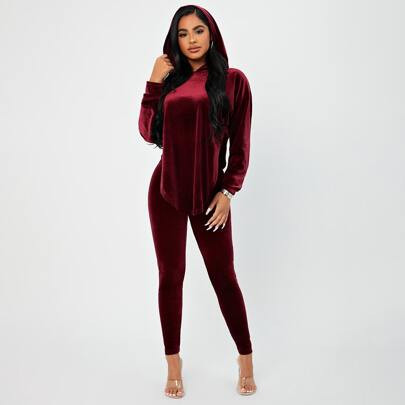 Velvet Drop Shoulder Hoodie & Pants Set | SHEIN