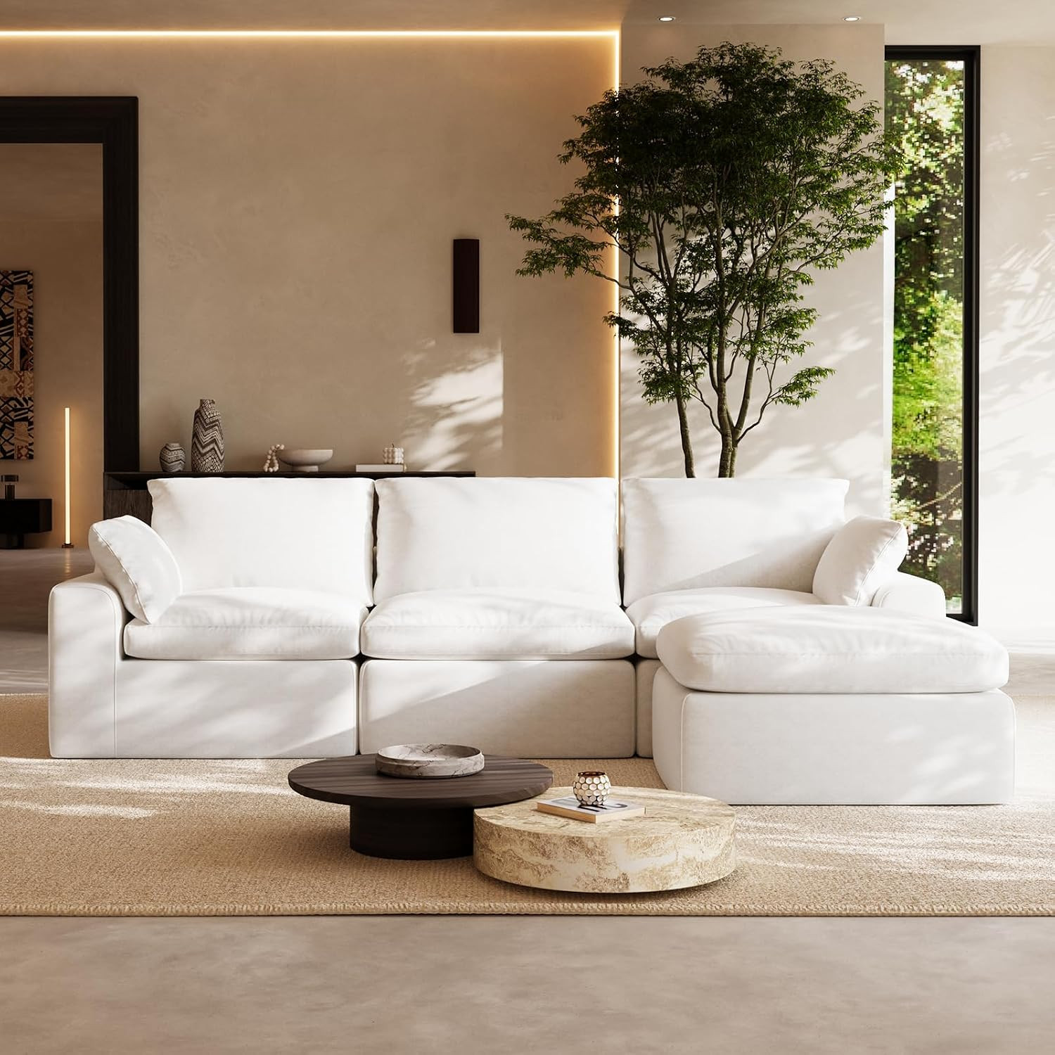 Novilla 104.3" Modular Cloud Couch, Modern Sectional Sofa with Smarts Coil® Support, Chenille Fabric, Upholstered Couch for Living Room Apartments Bedroom, No Assembly, 3 Seater + 1 Ottoman, White | Amazon (US)