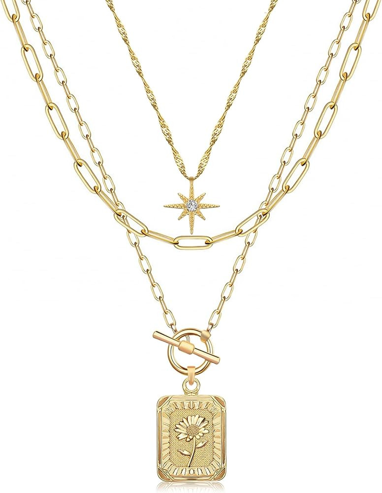 MJartoria Layered Initial Necklaces for Women Trendy, 14K Gold Plated Simple Star Choker Square L... | Amazon (US)