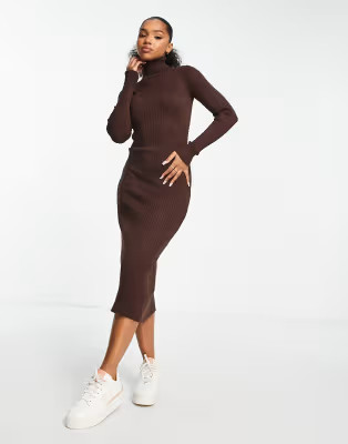 New Look turtle neck midi knit dress in dark brown | ASOS (Global)