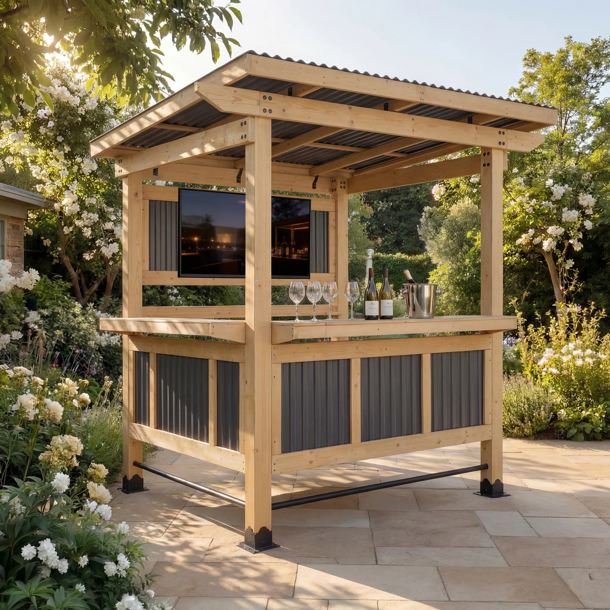 6X7FT Ceder Wood Bar Pergola Entertainment Bar Center With Double Bar & TV Mount | Wayfair North America