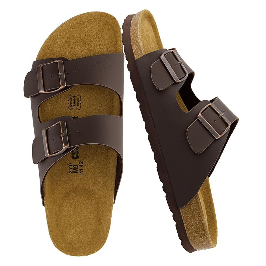CUSHIONAIRE Lane Cork Footbed Mens Sandals, Adjustable Buckle Comfort Slides for Men, Genuine Lea... | Amazon (US)