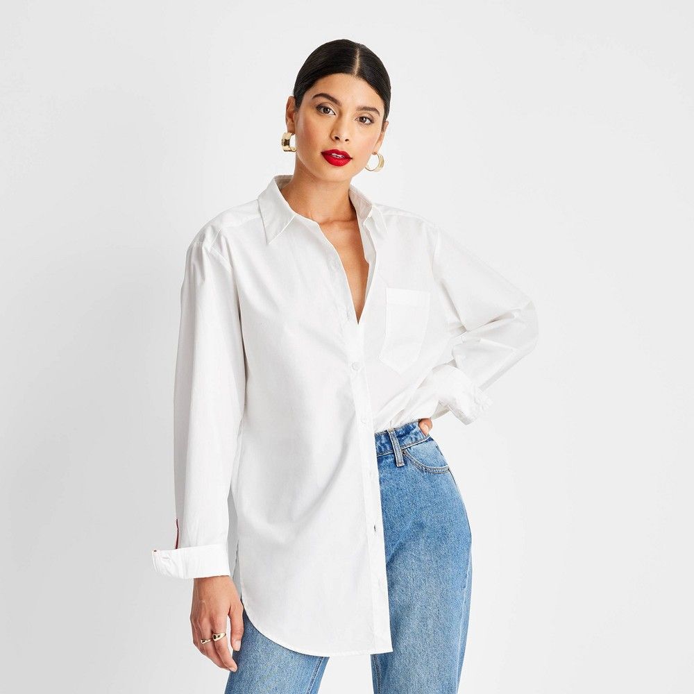 Women's Long Sleeve Button-Down Shirt - Future Collective with Kahlana Barfield Brown White XL | Target