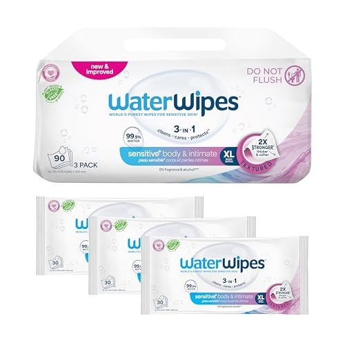 WaterWipes Sensitive Whole Body Cleansing Wipes, 99.9% Purified Water, XL Textured Wipes, Incontinence Care, Fragrance Free, 90 Count | Amazon (US)