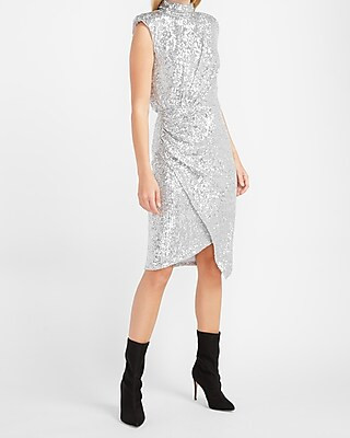 Sequin Asymmetrical Mock Neck Dress | Express
