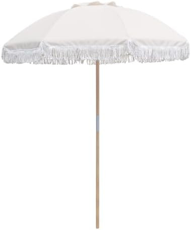 6FT Patio Beach Umbrella with Fringe, Wooden Beech Pole & 8 Fiberglass Ribs, Manual Push Lift wit... | Amazon (US)