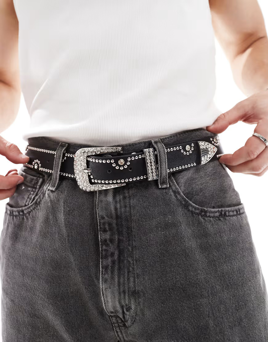 ASOS DESIGN western cowboy studded diamante belt in black faux leather | ASOS (Global)