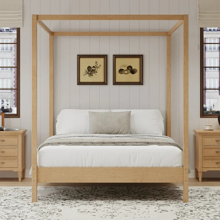 Euroco Queen Size Canopy Bed, Wood Platform Bed with Four Poster, Natural | Walmart (US)