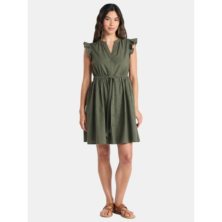 Time and Tru Women's and Women's Plus Button Front Cotton Mini Dress with Flutter Sleeves, Sizes ... | Walmart (US)
