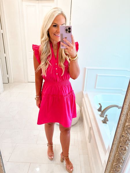 Love this pink dress! Perfect Barbie pink and the fit and details are so good. Runs tts I am wearing a size small. I love the fitted waist, ruffle shoulder detail and skirt! You can easily dress it up or down! 

#LTKunder100 #LTKworkwear