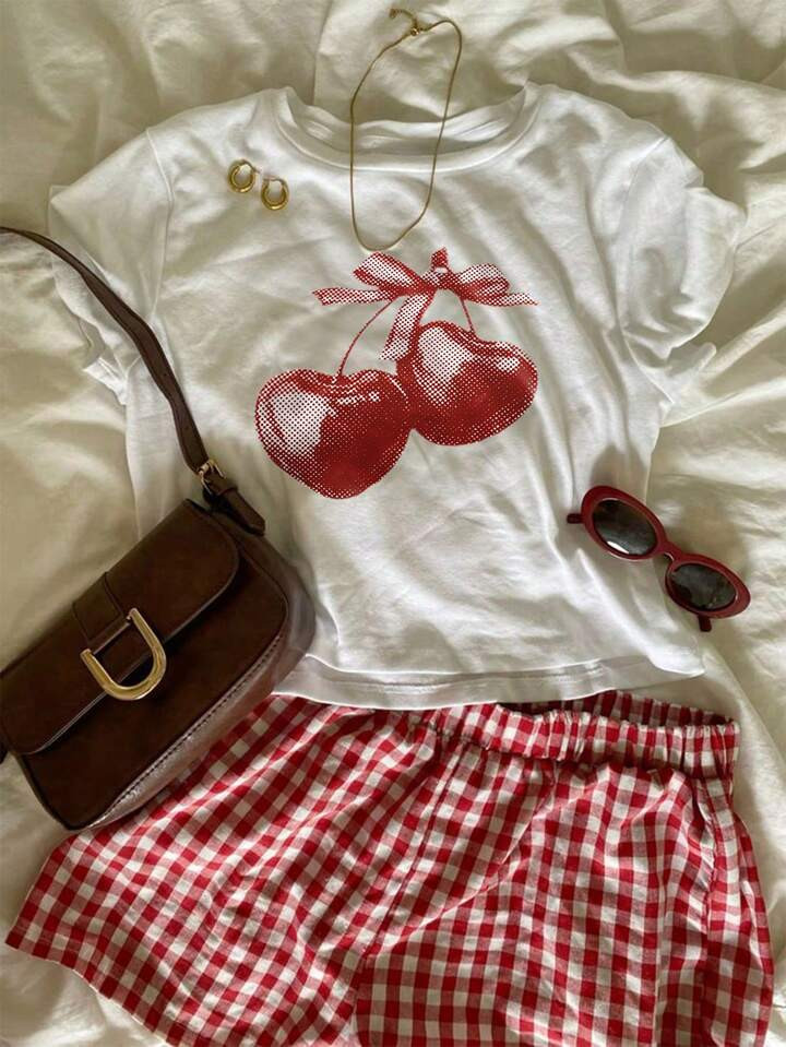 INAWLY Cherry Print Round Neck Short Sleeve T-Shirt, Casual For Spring/Summer | SHEIN