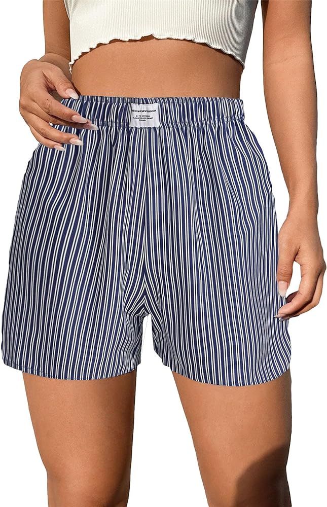 OYOANGLE Women's Summer Casual Striped Print Elastic Waist Mid Rise Straight Leg Shorts | Amazon (US)