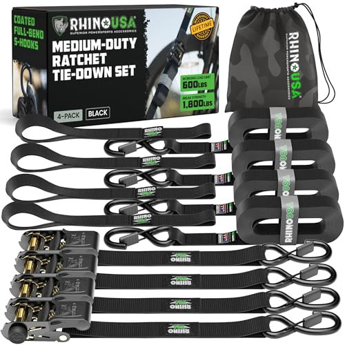 Rhino USA Ratchet Straps Tie Downs (4-Pack) - 1 Inch x 15 Feet (1,823lb Break Strength) - Ultimate Tie Down Straps with Safety S Hooks - for Trucks, Cargo, Moving, Appliances - Black | Amazon (US)
