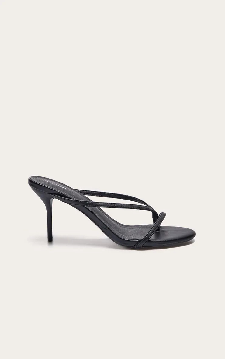 Black Pu Round Toe Thong High Stiletto Heeled Mules | Boohoo.com (UK & IE)