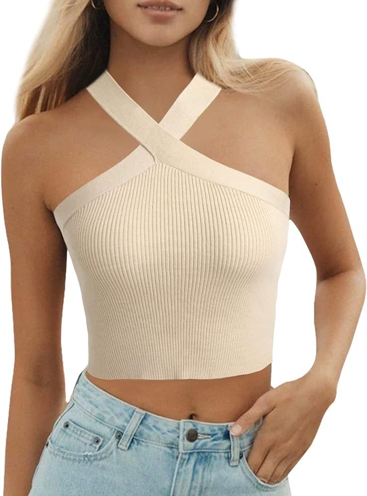 ACOSAP Women Crisscross Halter Crop Top Sexy Wrap Sleeveless Backless Ribbed Knit Tank Top Vest T... | Amazon (US)