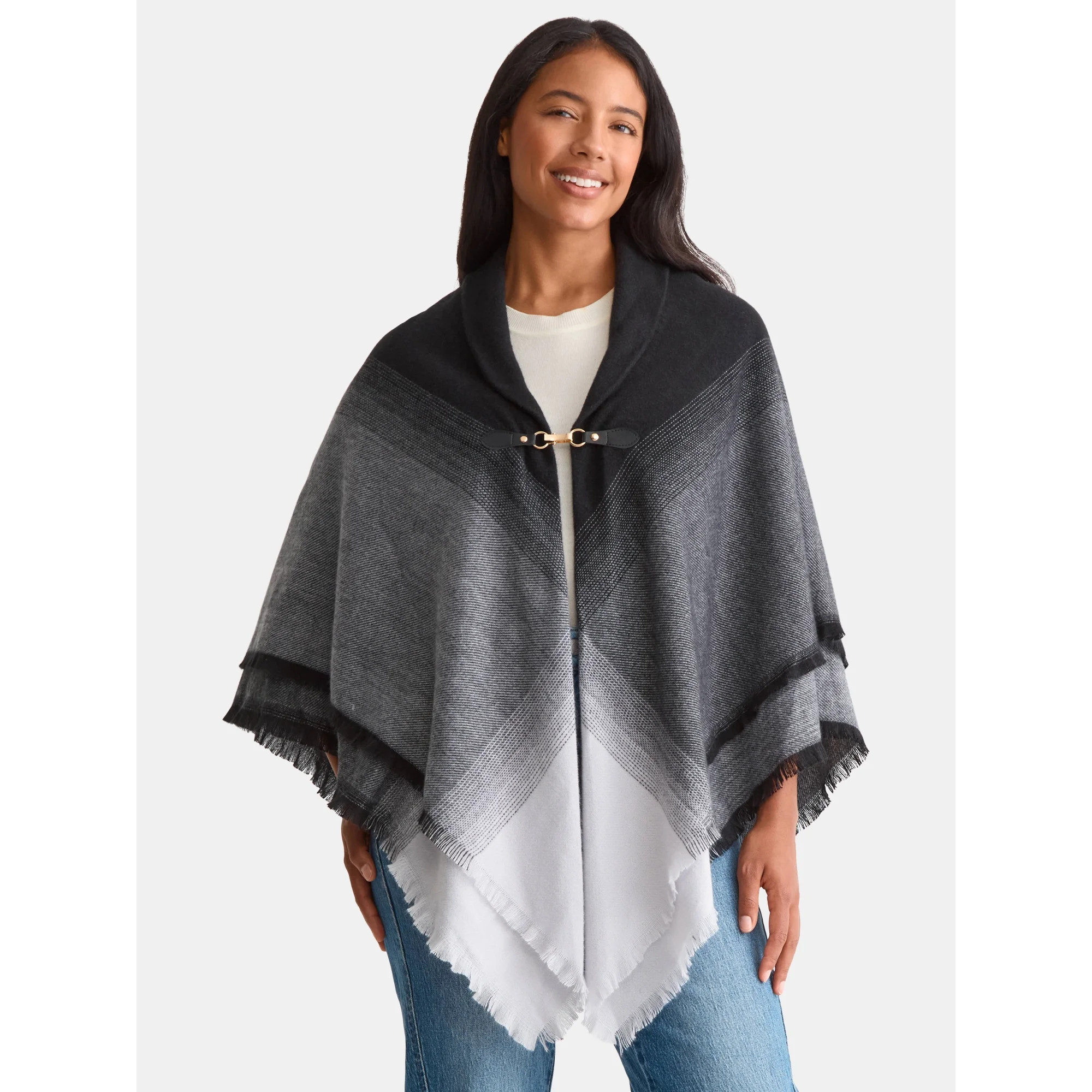 Time and Tru Women's Gradient Weave Toggle Poncho, Black Soot, Size L/XL | Walmart (US)