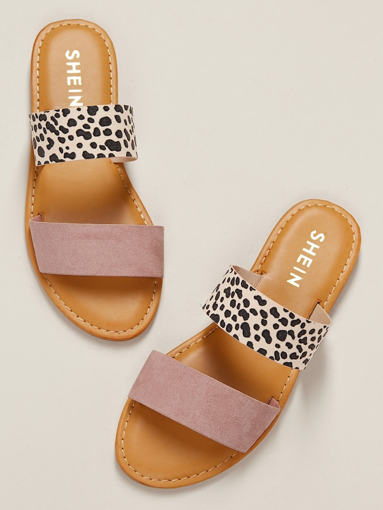 Blush Leopard Two Band Flat Slide Sandals | SHEIN