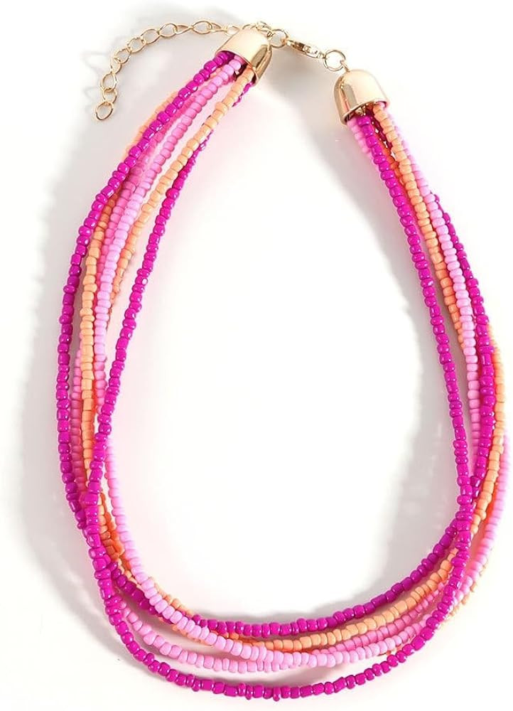 Colorful Multi-layered Seed Beaded Necklace Choker For Women Bohemian Handmade Crystal Stone Gems... | Amazon (US)