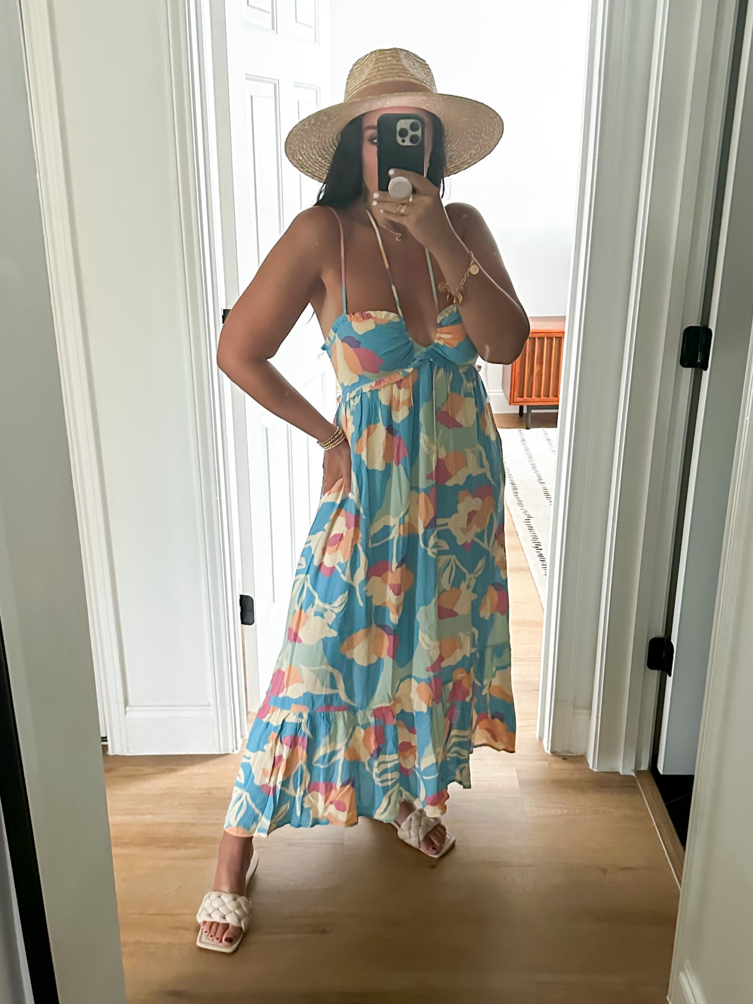 Red Dress Stay Together Blue Floral Print Midi Dress wearing size small