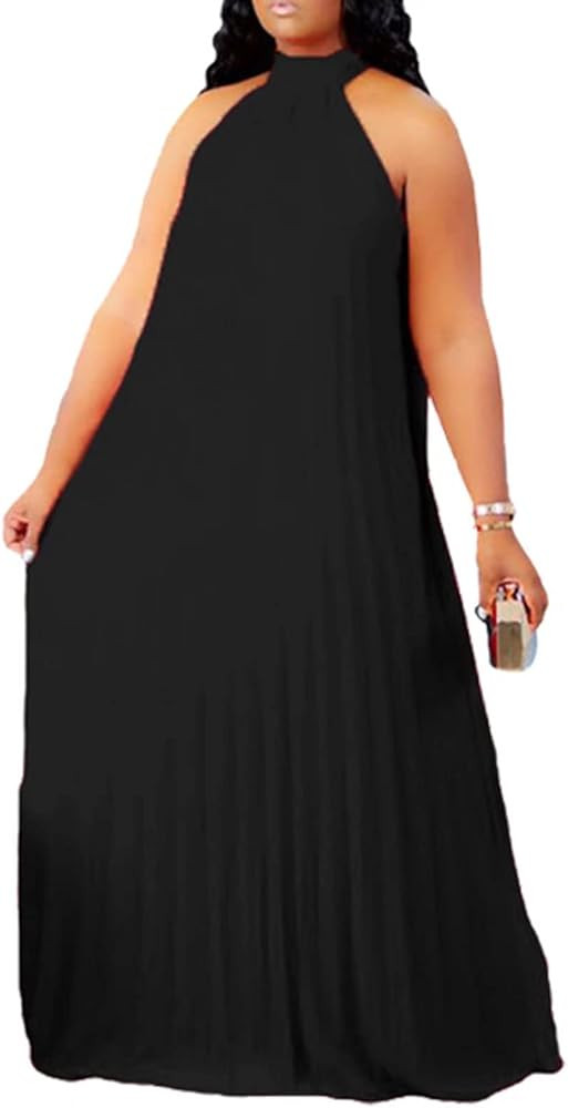 Aro Lora Womens Casual Sleeveless Plus Size Chiffon Halter Neck Pleated Loose Long Maxi Dress | Amazon (US)
