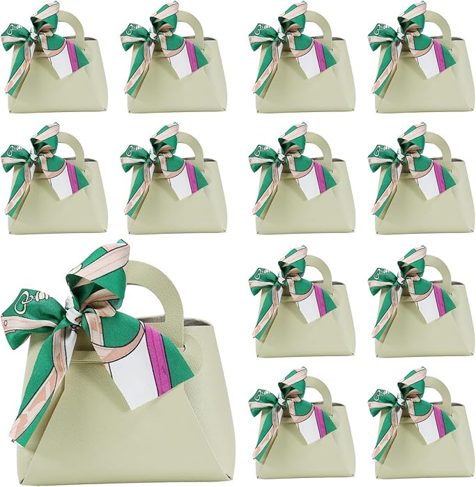 12 Pack Leather Ribbon Candy Bag Gift Bags PU Wedding Gift Bags with Handle Ribbon Reusable Party... | Amazon (US)