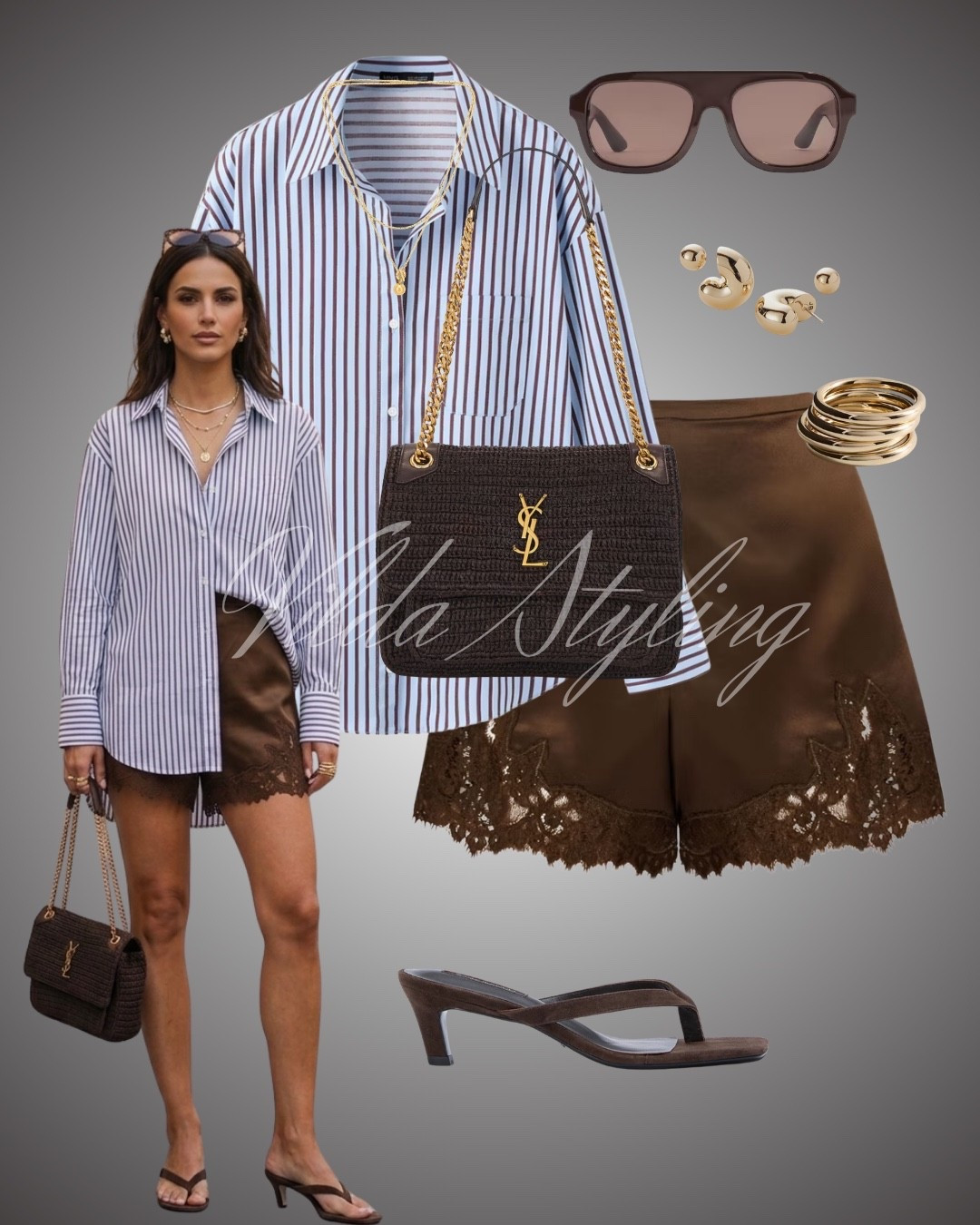 Elevate your summer wardrobe with this sophisticated blend of textures and tones. This look perfectly balances the structured feel of a striped button-down with the delicate, feminine touch of lace-trimmed silk shorts.
The rich chocolate brown palette paired with crisp blue stripes creates a timeless, high-end aesthetic that transitions seamlessly from a chic brunch to a sunset stroll. #SummerStyle #QuietLuxury #OOTD #YSL #StreetStyleInspo #BrownAesthetic #ChicOutfit 

#LTKsummer #LTKpartywear #LTKdatenight