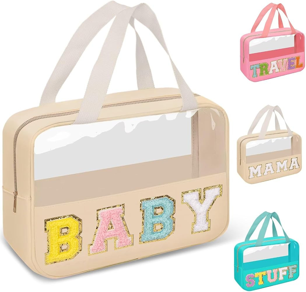 Preppy Clear Baby Makeup Bags with Chenille Letter Patches, Travel Essentials Large Clear Make up... | Amazon (US)
