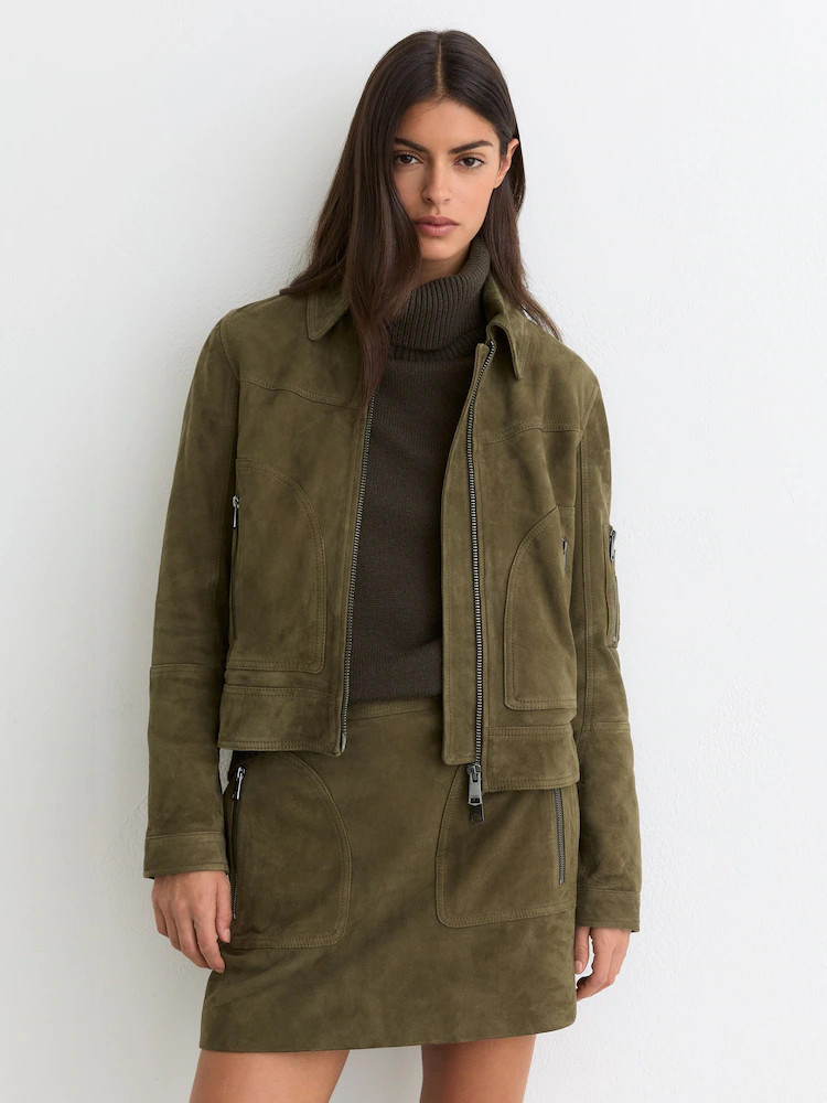 Reiss Khaki Green Tate Suede Zip-Through Jacket | Next US