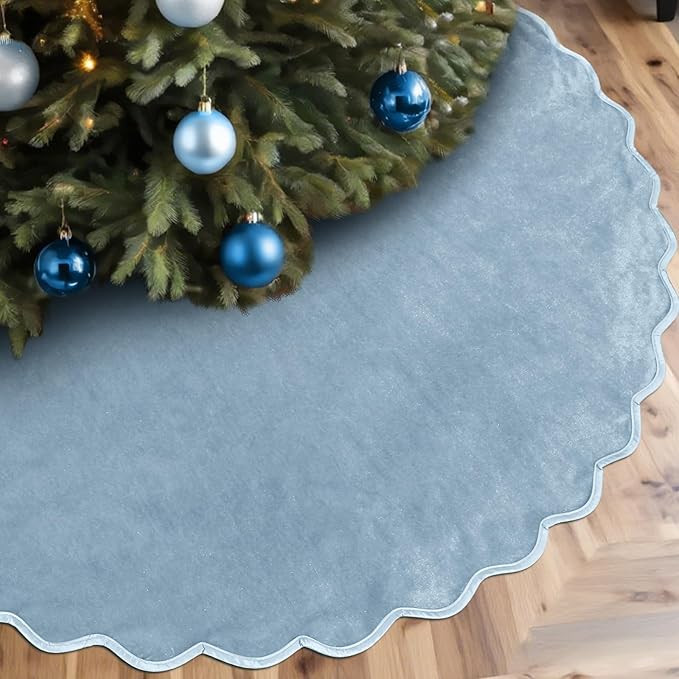 Gray Blue Christmas Tree Skirt 48 Inches Neutral Velvet Christmas Tree Skirts Modern Scalloped Ed... | Amazon (US)