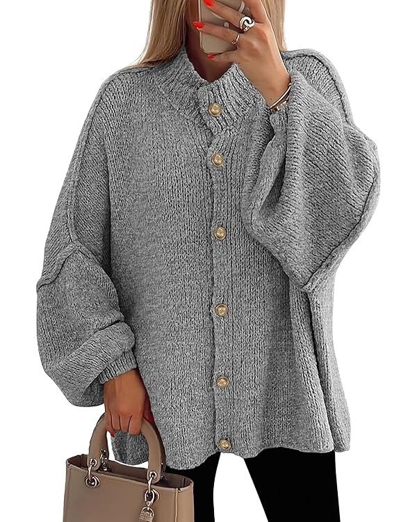 PRETTYGARDEN Women's Winter Button Down Cardigan Sweaters Mock Neck Lantern Long Sleeve Chunky Kn... | Amazon (US)