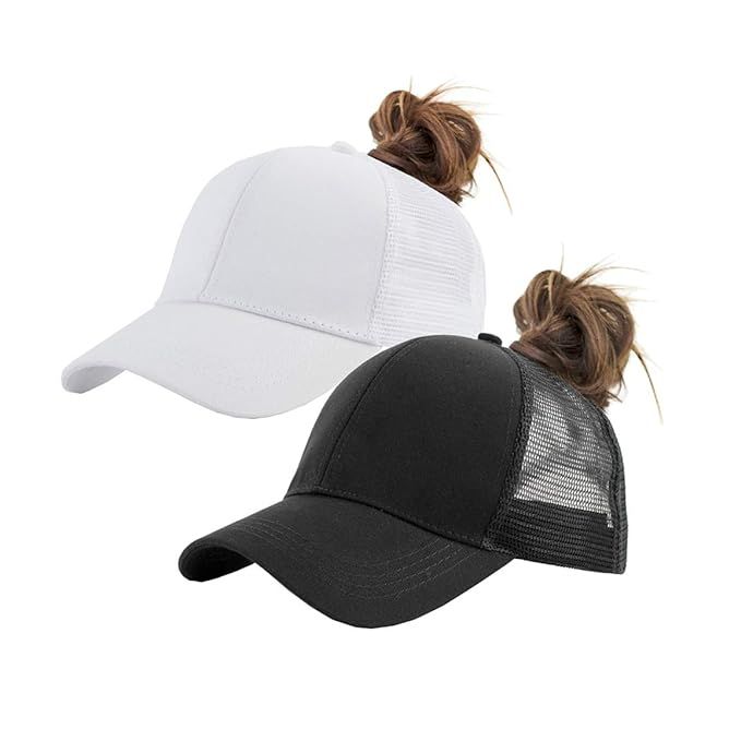 IZUS Solid Ponytail Hat Baseball Cap Cotton Mesh High Bun Pony Cap Women 2 Pieces | Amazon (US)