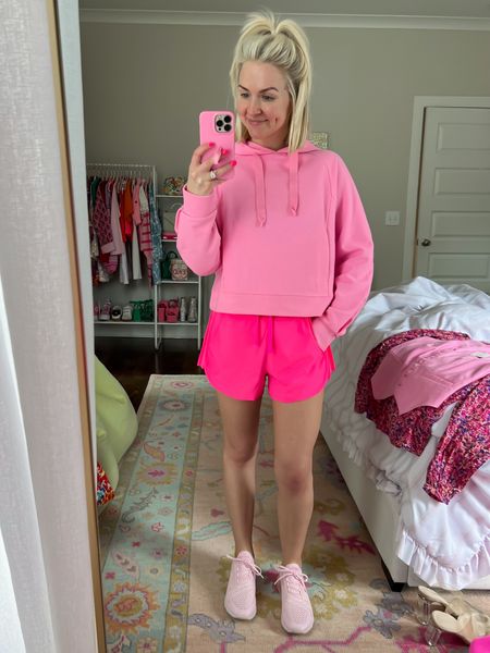 Pink cozy rib hoodie (XS) / neon pink high rise pleated side shorts (XS) / casual spring outfit 

#LTKfindsunder50 #LTKSeasonal