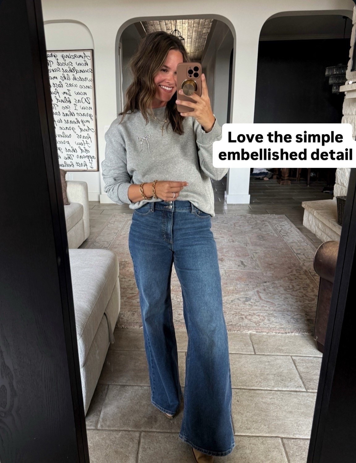 Cutest Target sweatshirt with the sweetest embellished detail and Walmart jeans are so flattering! #walmart #jeans #casualoutfit 

#LTKHoliday #LTKFindsUnder50 #LTKootd