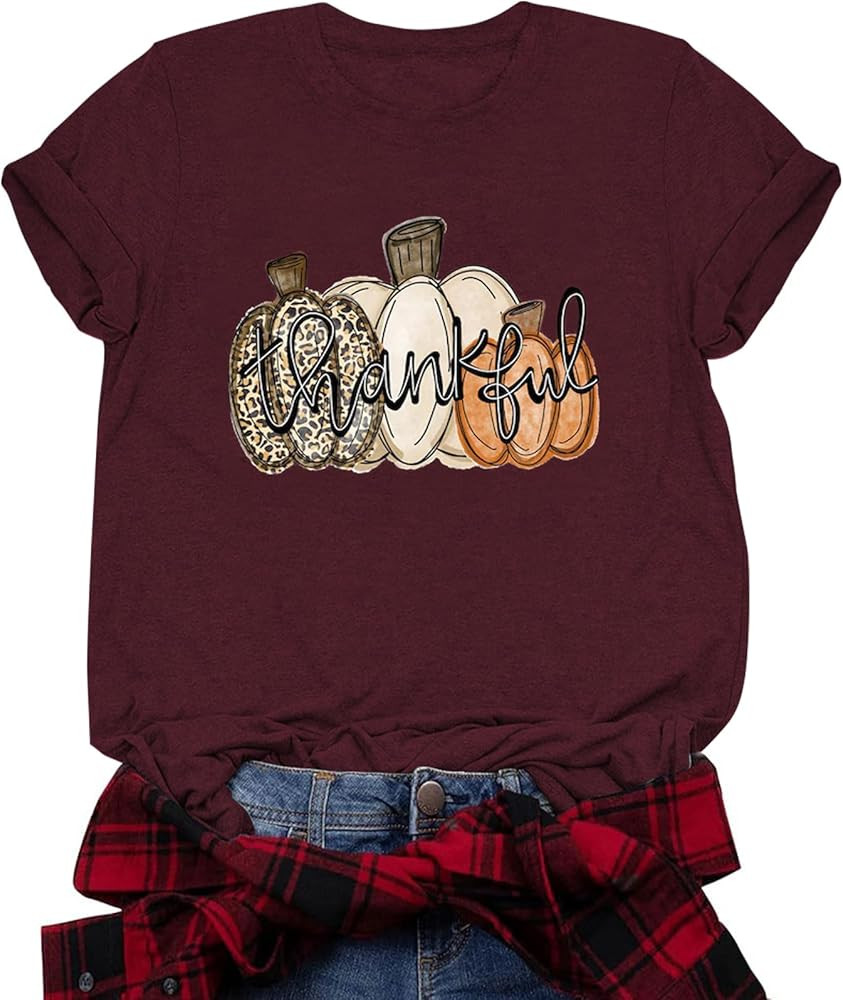 Leopard Pumpkin Shirts Women Halloween and Thanksgiving Fall Shirt Cute Shorts Sleeve Tops | Amazon (US)