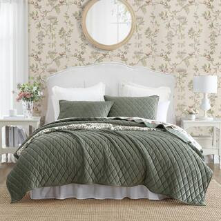 Laura Ashley Solid Diamond Stitch 3-Piece Dark Green Microfiber Twin Bonus Quilt Set USHSGT126433... | The Home Depot