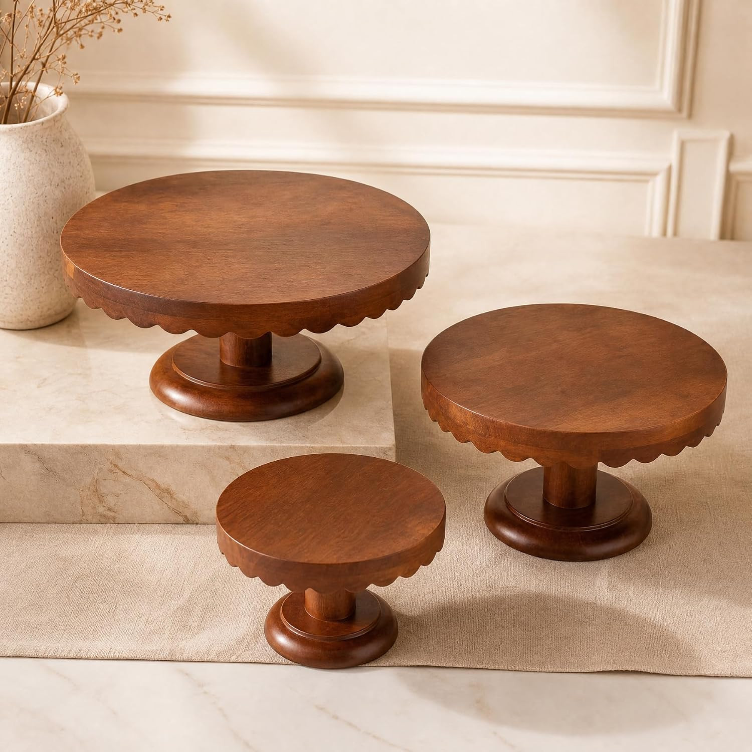 LemonRoad 3 Pcs Scalloped Wooden Cake Stand Set, Wooden Rustic Farmhouse Cupcake Stand, Cupcake Pastry Riser with Pedestal Base, Scalloped Rim for Wedding Birthday Party Table Restaurants Decorations | Amazon (US)