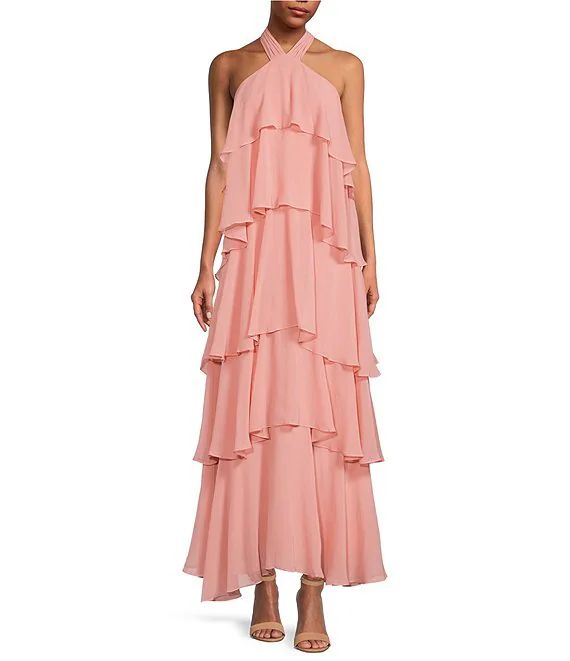 Mariella Crinkled Chiffon Halter Neck Sleeveless Maxi Dress | Dillard's