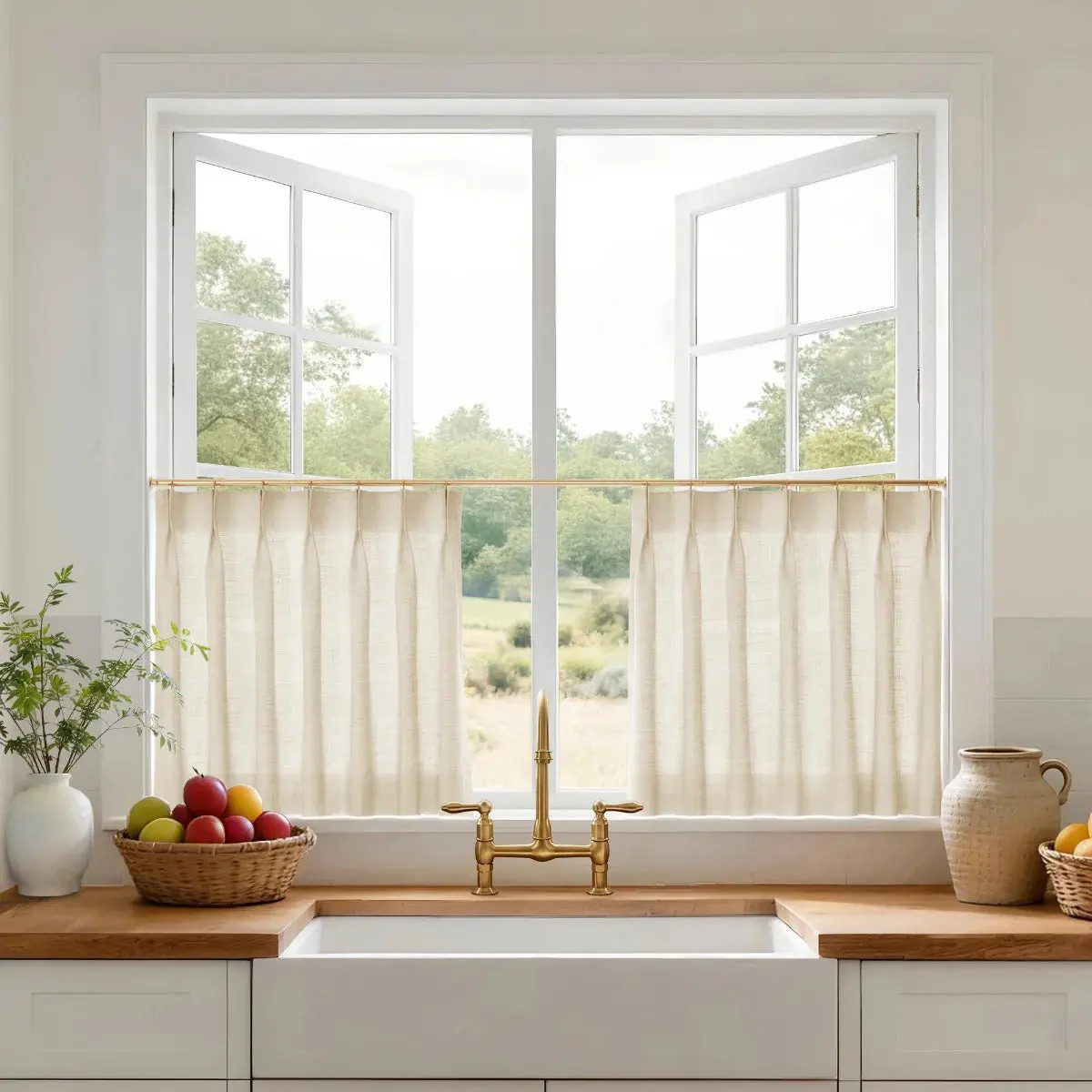 Liz Linen Pleated Cafe Curtains - Sand Beige 1908-3 | TWOPAGES