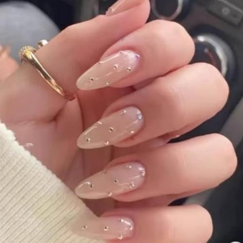 NBNTGH Nude Rhinestone Rhinestone Press On Nails Medium Almond False Nails 24Pcs Glue On Nails Artificial Acrylic Full Cover Glossy Stick On Nails | Amazon (US)