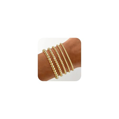 Wowshow Gold Bracelets for Women Beaded Bracelet for Women Gold Bracelet Stack Stretch Bead Ball 14K Gold Plated Bracelet Set Stackable Bracelet Gold Jewelry for Women (7.25 Inch | Amazon (US)