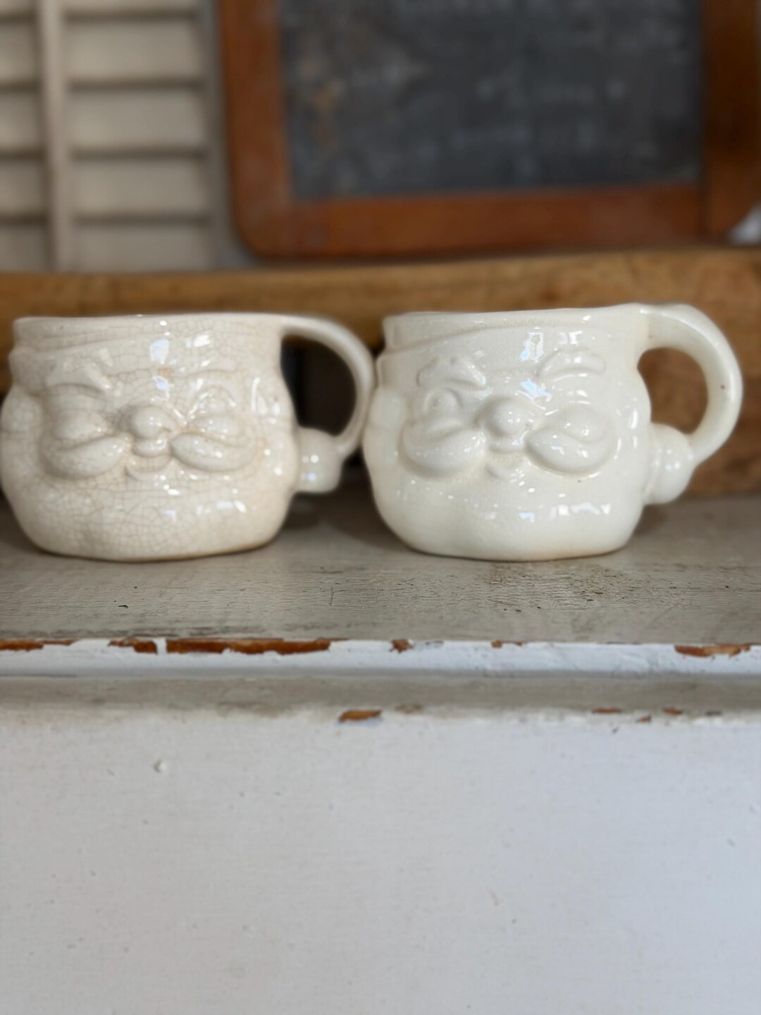 holt howard santa mugs stained crazed ironstone - set of two all white full size | Etsy (US)