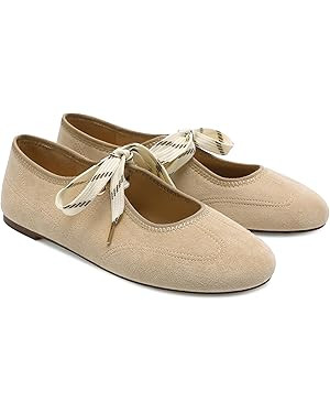 Lace up Round Toe Ballet Flats for Women Cute Slip on Soft Mary Jane Flats Casual Ballerina Shoes | Amazon (US)