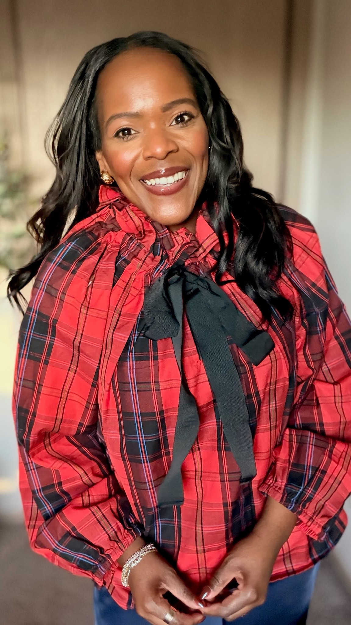 Viral and best selling for a reason! This under $30 blouse from @Walmart is too good and sells out fast! Loving the tartan print! I’m in the size Medium.