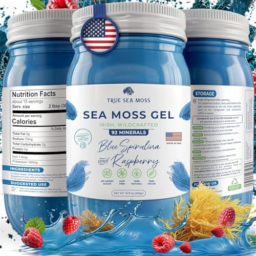 TrueSeaMoss Wildcrafted Irish Sea Moss Gel - Made with Dried Seaweed & Fresh Sea Vegetables, Seamoss - Made in USA (Blue Spirulina and Raspberry, Pack of 1) | Amazon (US)
