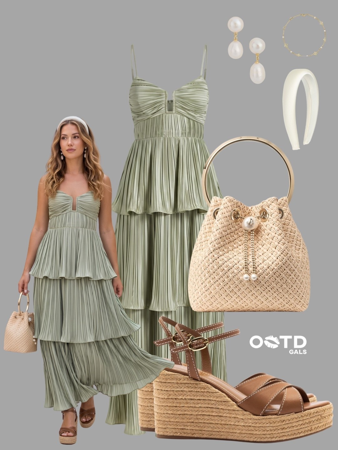 Soft sage green and woven textures are a match made for summer elegance 🌿

This flowing pleated maxi dress feels effortlessly sophisticated while keeping a light, romantic, and feminine aesthetic.

✨ Style Details:
• Sage green pleated tiered maxi dress with delicate spaghetti straps
• Structured woven bucket bag with gold-tone circular handle accents
• Tan espadrille platform sandals that add height while remaining comfortable
• Statement pearl drop earrings and a delicate gold bracelet
• Ivory padded headband for a polished finishing touch
• Warm neutral accessories that complement the soft green beautifully

The combination of airy pleats, natural textures, pearls, and soft earthy tones creates a refined outfit that feels both elevated and vacation-ready.

Perfect for garden parties, destination weddings, bridal showers, sunset dinners, resort vacations, special summer events, or elegant weekend outings.

#LTKdresses #LTKspring #LTKstyletip